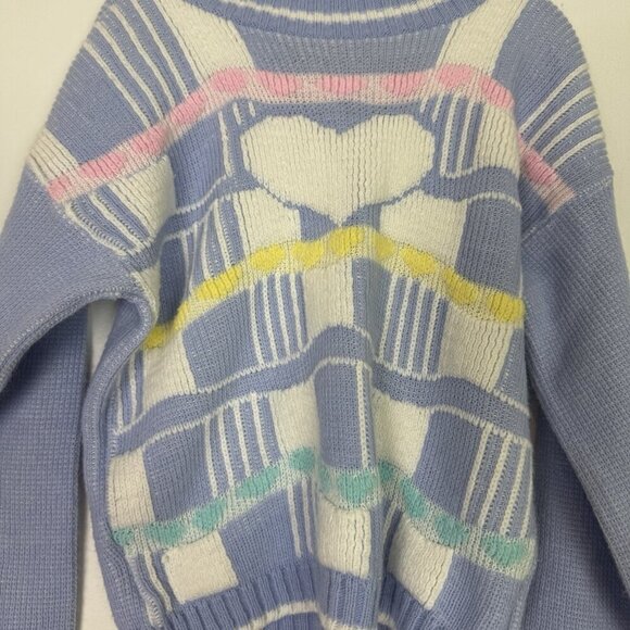 Vintage Kids Girls Blue Pastel Heart Knit Sweater Made In USA Girls M Small Hole - Picture 3 of 5